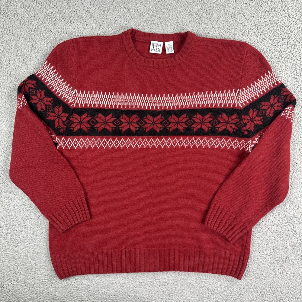 VTG 90s Field Gear Thick Chunky Knit Lambs Wool Sweater Men XL Red Fair Isle